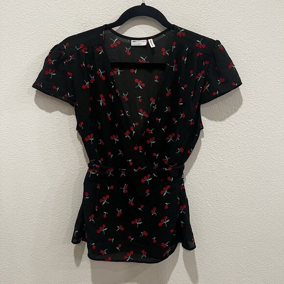 ASOS Wrap Thru Blouse Cherry Print US 10 Short Sleeve Pinup Girl Festival School - Picture 1 of 7